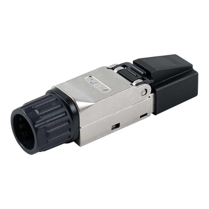 Cat7 শিল্ডেড টুললেস RJ45 কানেক্টর (মাথায় প্লাস্টিকের ক্যাপ এবং লেজে প্লাস্টিকের বাদাম সহ) RJ-G50S-2-C7