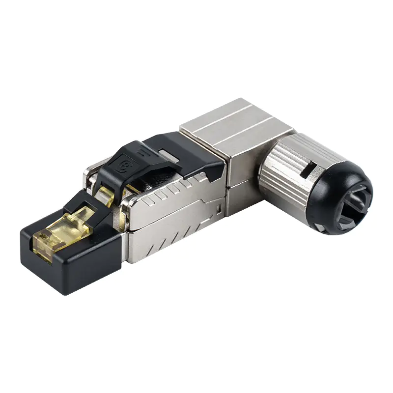 Cat7 শিল্ডেড টুললেস RJ45 কানেক্টর (শেষে 90-ডিগ্রি কোণ) RJ-G90S-1-C7